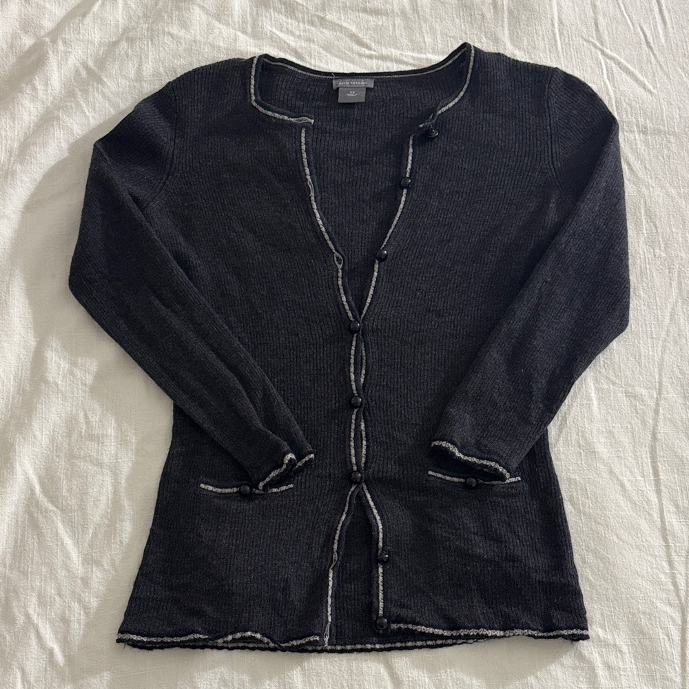 Ann Taylor Black Cardigan with White Trim